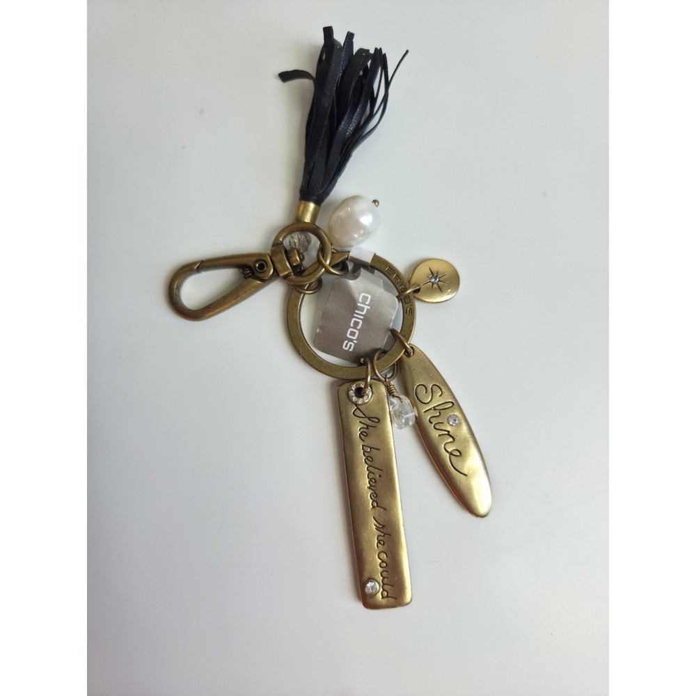 Chico's Keychain Shine She Believed‎ Tassel Charm Gold Tone Inspirational Quote